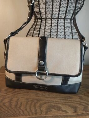 Canvas and Leather Crossbody Bag in Beige and Black